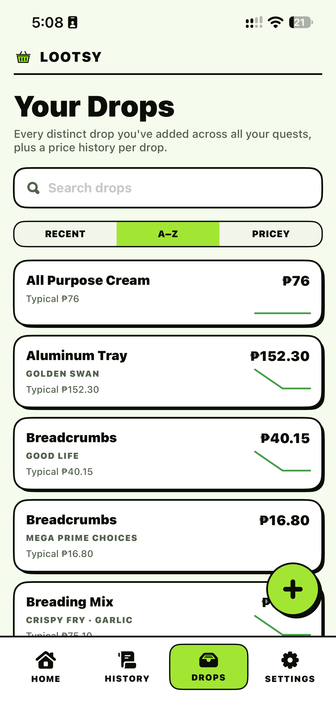 Lootsy Drops tab listing items with their latest and typical prices