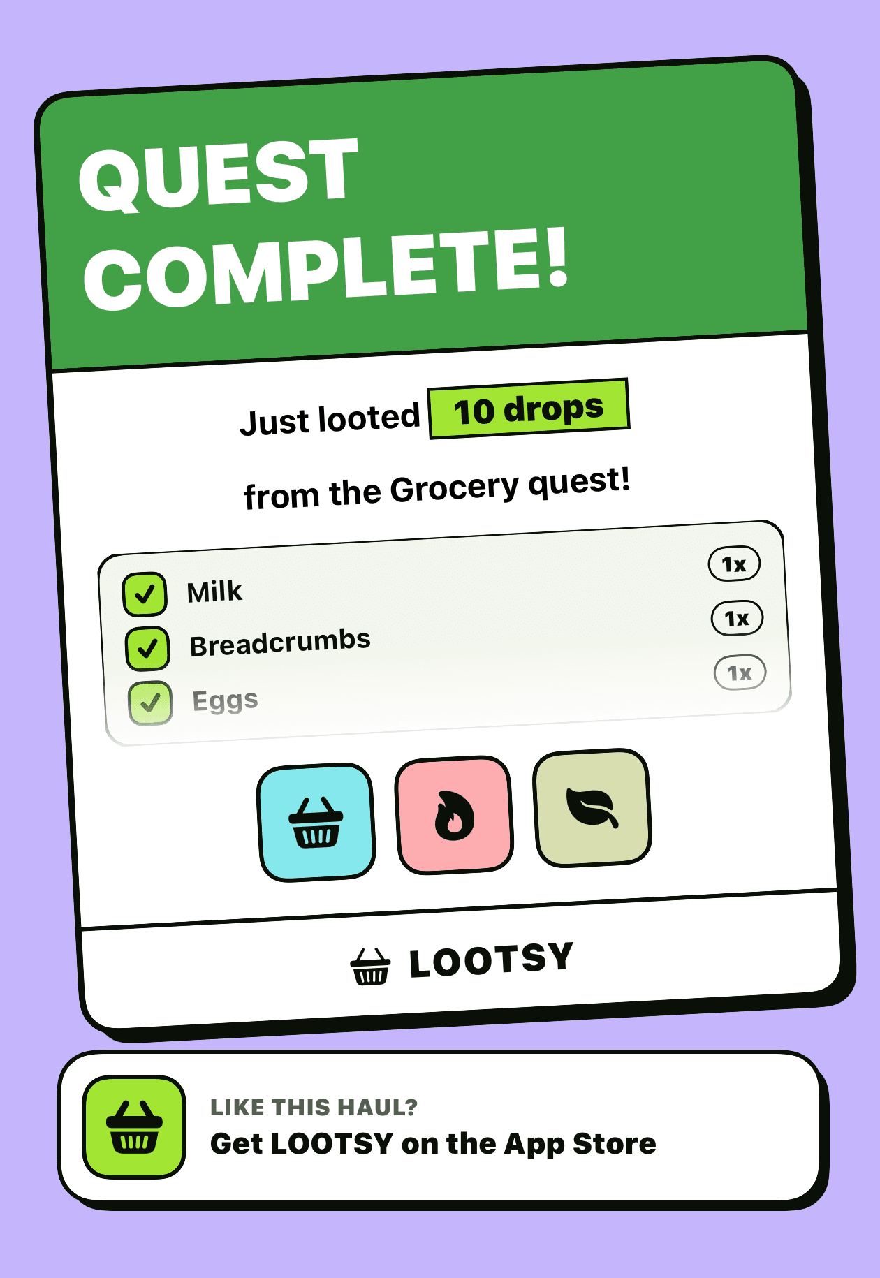 Quest Complete share card listing the drops looted from a finished quest